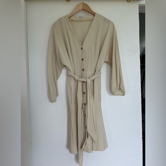 Calvin Klein Button Down Shirt Dress Womens 6 Medium Textured Belt Tie Waist - Picture 10 of 11